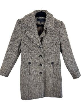 Giacca Wool Blend Tan Brown Long Length Collared Tweed Pea‎ Coat Size M